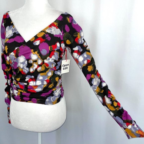 New Open Edit Off Shoulder Long Sleeve Ruched Faux Wrap Top Multi Size Small - Picture 10 of 16